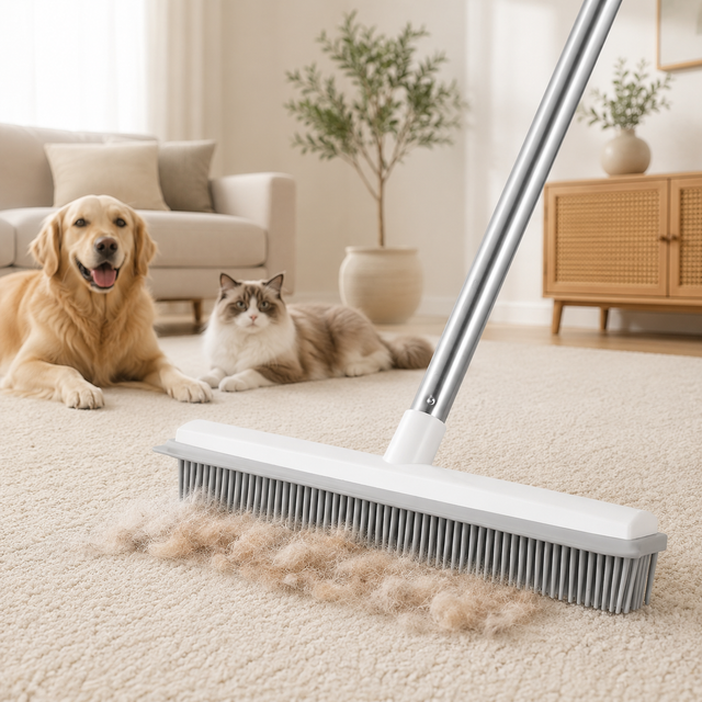 Escoba de Silicona Quitapelos para Mascotas, Mango Extensible hasta 1,5