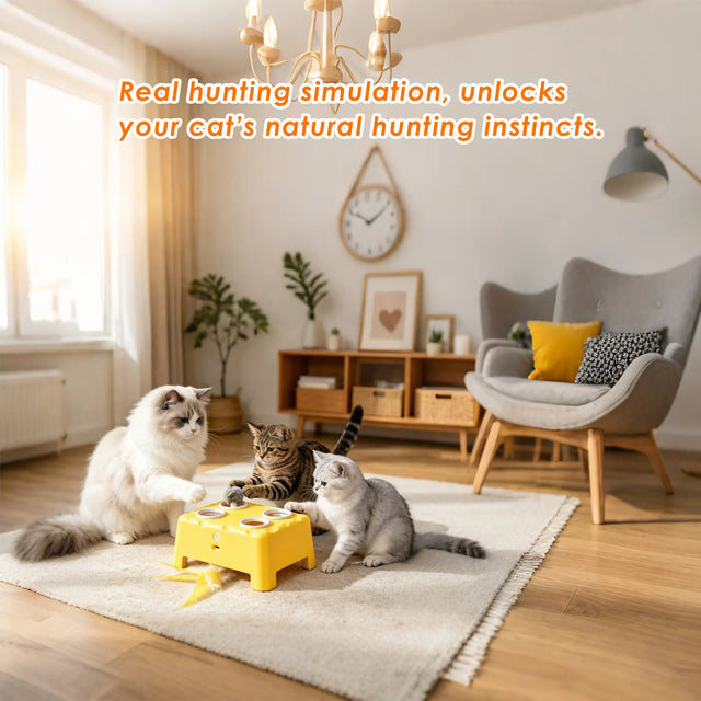 Magic House 4-Hole Whack-A-Mole Interactive Cat Toy, 3 Modes Electric Kitten Toy with Feather Wand & Pop-Up Hide-And-Seek, Rechargeable Stimulating Cat Enrichment Toys for All Cats